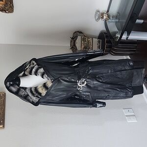 OTTIMO Black Leather Coat with Real Chinchilla Fur